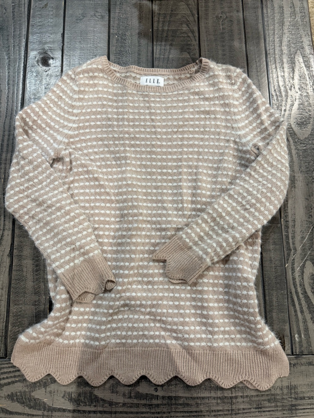 Elle Cozy Striped Crewneck Sweater — Taupe and Ivory